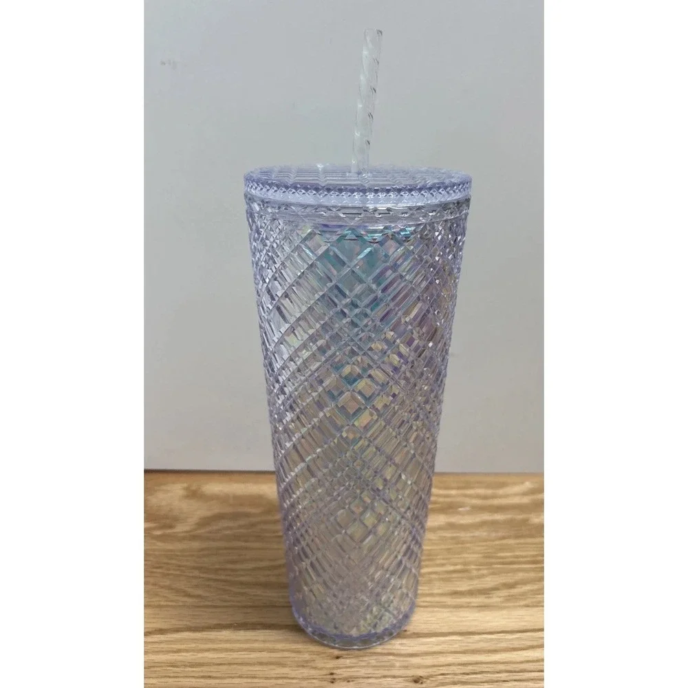Starbucks White Iridescent‎  24oz Tumbler Winter Lid Straw Diamond Pattern Jewel